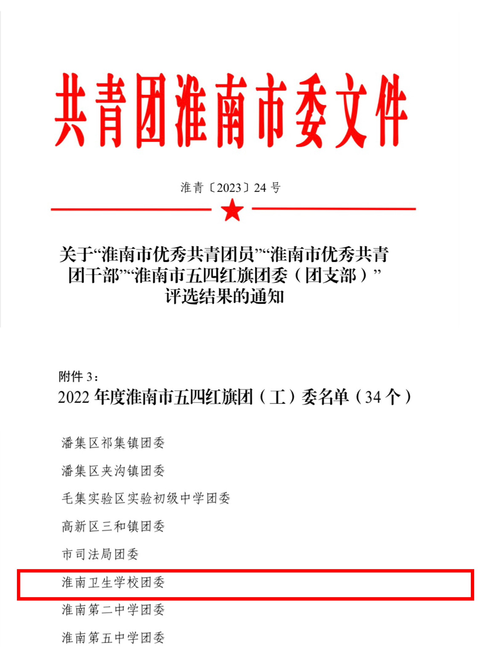 喜报——淮南卫生学校荣获“淮南市五四红旗团（工）委”称号